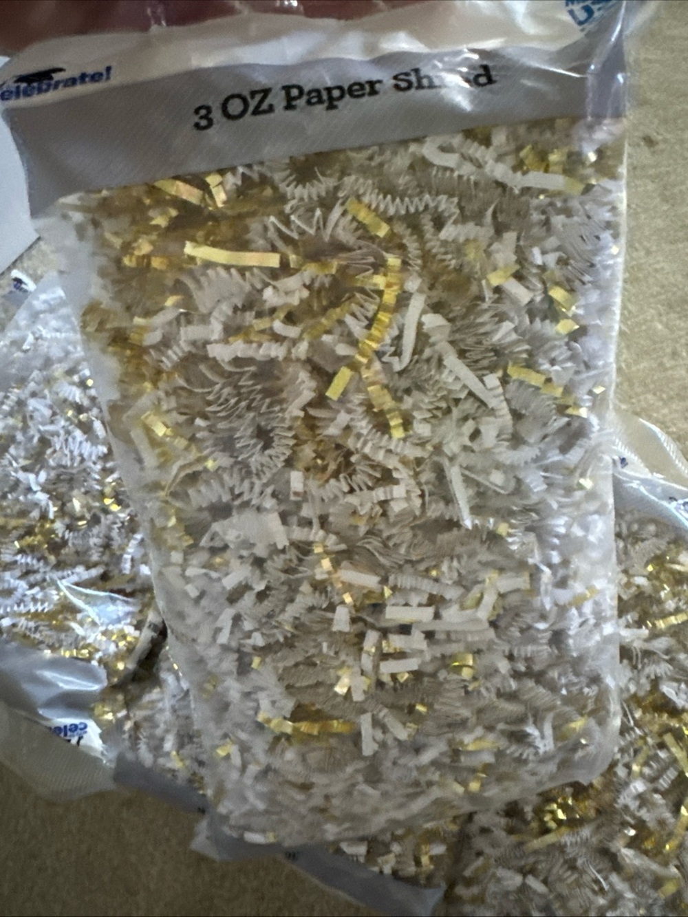 8 bags of White and Gold Paper Shred Filler - 3 oz each